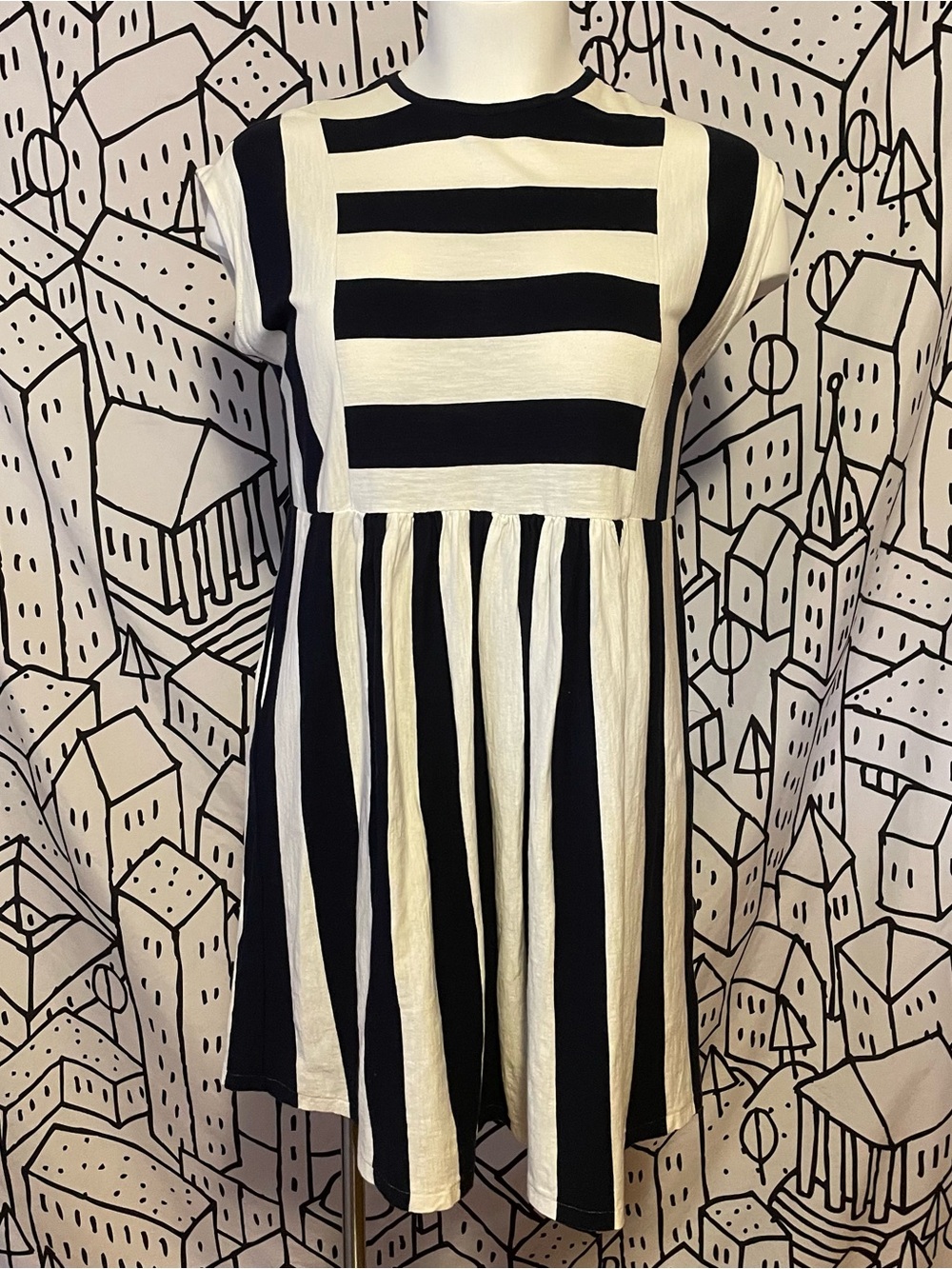 Boden Black & White Striped Cotton Kids Dress